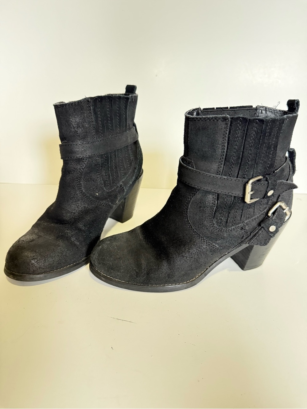 Women's Black Suede Ankle Boots with Buckle Detail